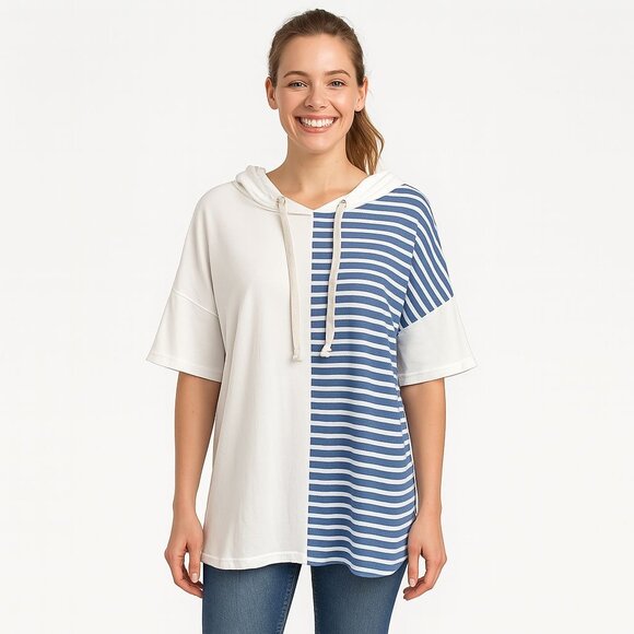 NWT Oversized Hayden LA Hoodie Tee Blue White Stripe Cotton Coastal Boho Top - Picture 5 of 9